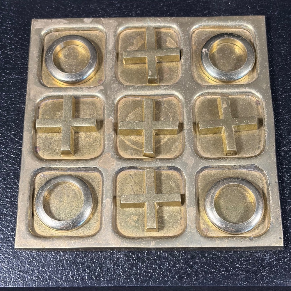 Vintage Solid Brass Tic-Tac-Toe Game Set Heavy MCM Coffee Table Decor 6.25"